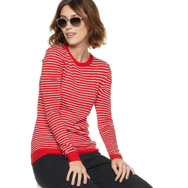Women's Popsugar Striped Puff-sleeve Sweater, Size: Large, Med Red