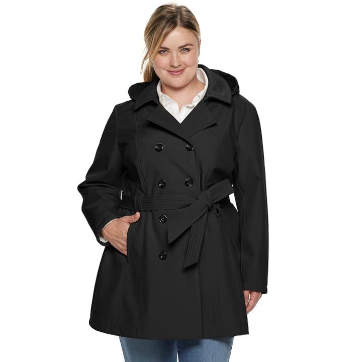 Plus Size Sebby Collection Double-breasted Hooded Soft Shell Jacket, Women's, Size: 1xl, Black