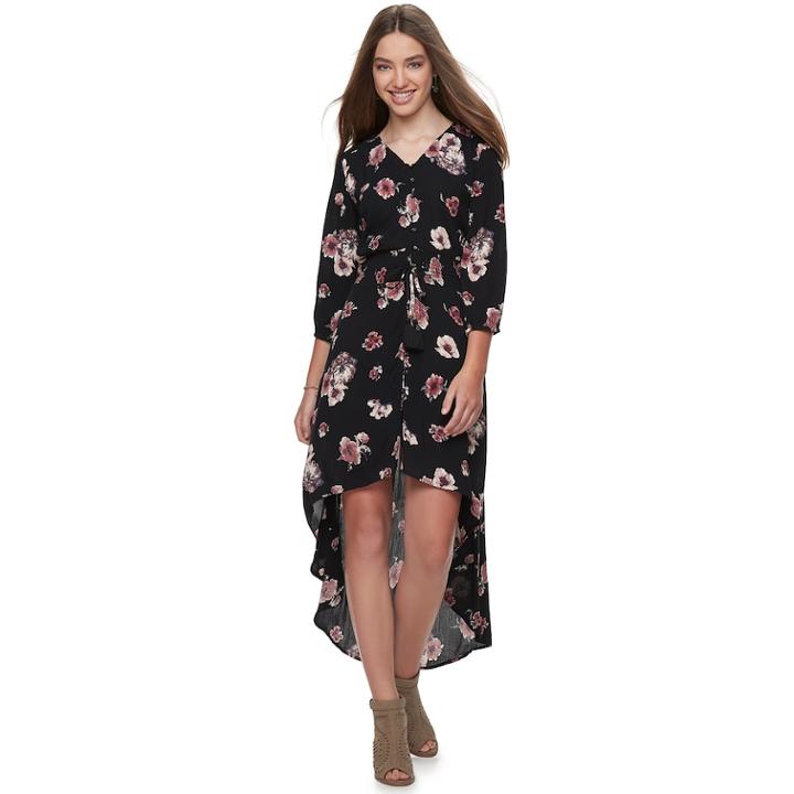 Juniors' American Rag Floral High-low Crinkle Dress, Size: Small, Black
