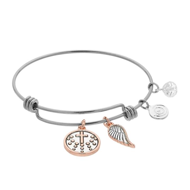 Love This Life Two Tone Angel Wing And Cross Bangle Bracelet, Women's, Silver