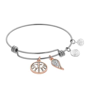 Love This Life Two Tone Angel Wing And Cross Bangle Bracelet, Women's, Silver