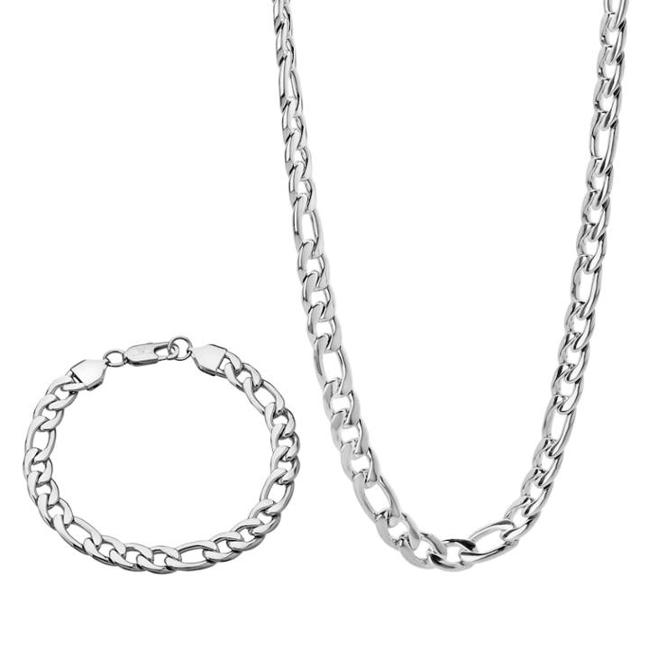 Stainless Steel Figaro Chain Necklace And Bracelet Set, Men's, Size: 22, Grey