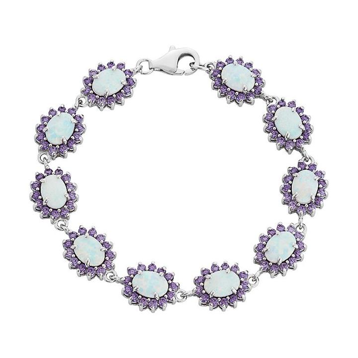 Sterling Silver Lab-created White Opal & Cubic Zirconia Halo Bracelet, Women's, Size: 7.5, Multicolor