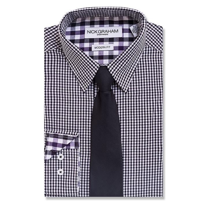 Men's Nick Graham Everywhere Modern-fit Dress Shirt And Tie Boxed Set, Size: S 32-33, Black