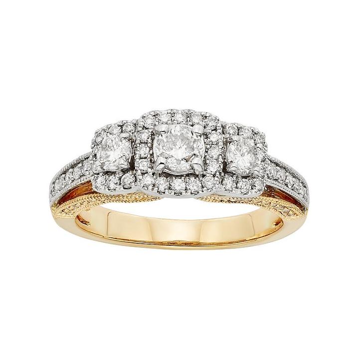 Igl Certified Diamond 3-stone Halo Two Tone Engagement Ring In 14k Gold (1 Carat T.w.), Women's, Size: 7, White