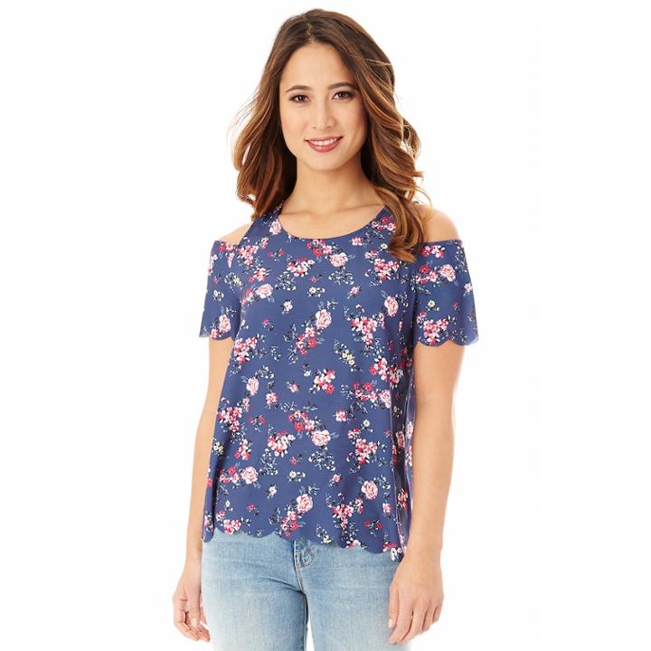 Junior's Iz Byer Scallop Edge Cold Shoulder Top, Teens, Size: Large, Denim Bouquet