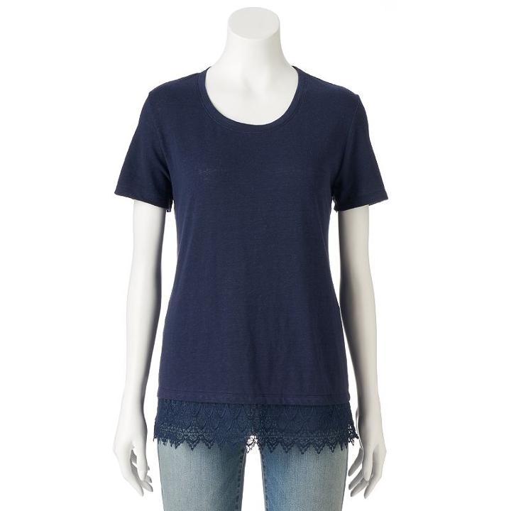 Women's Croft & Barrow&reg; Lace-hem Linen Blend Tee, Size: Small, Blue