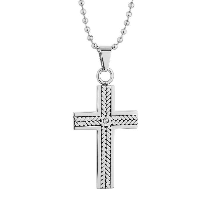 Lynx Cubic Zirconia Stainless Steel Cross Pendant Necklace - Men, Size: 22, White