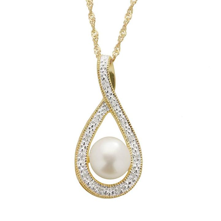 Pearlustre By Imperial Freshwater Cultured Pearl And Diamond Accent 14k Gold Over Silver Teardrop Pendant Necklace, Women's, White