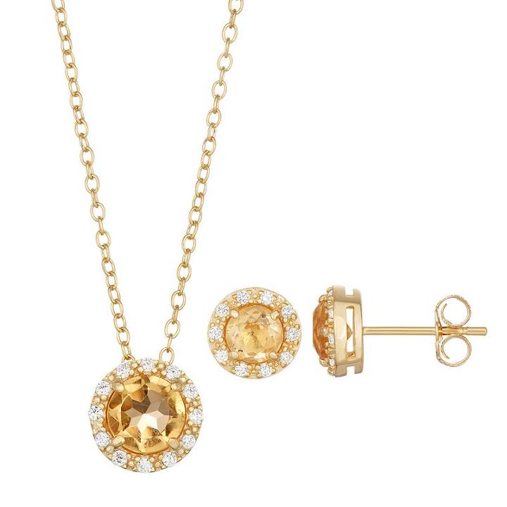18k Gold Over Silver Citrine & Cubic Zirconia Halo Pendant & Stud Earring Set, Women's, Yellow