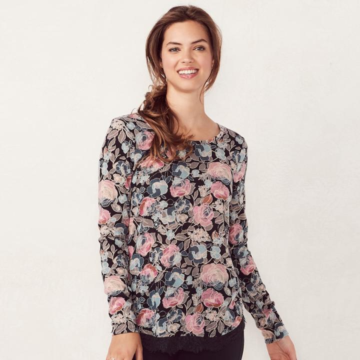 Women's Lc Lauren Conrad Lace Trim Top, Size: Xs, Dark Grey