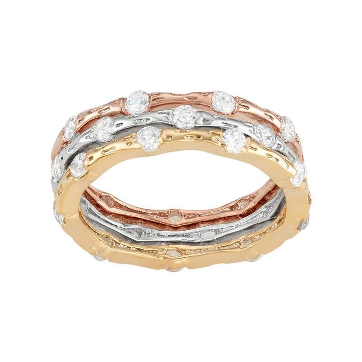 Cubic Zirconia Tri-tone Sterling Silver Textured Stack Ring Set, Women's, Size: 6, Multicolor