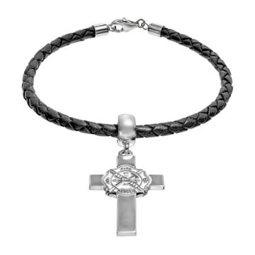 Insignia Collection Sterling Silver And Leather Fire Department Maltese Cross Charm Bracelet, Women's, Size: 7.5, Multicolor