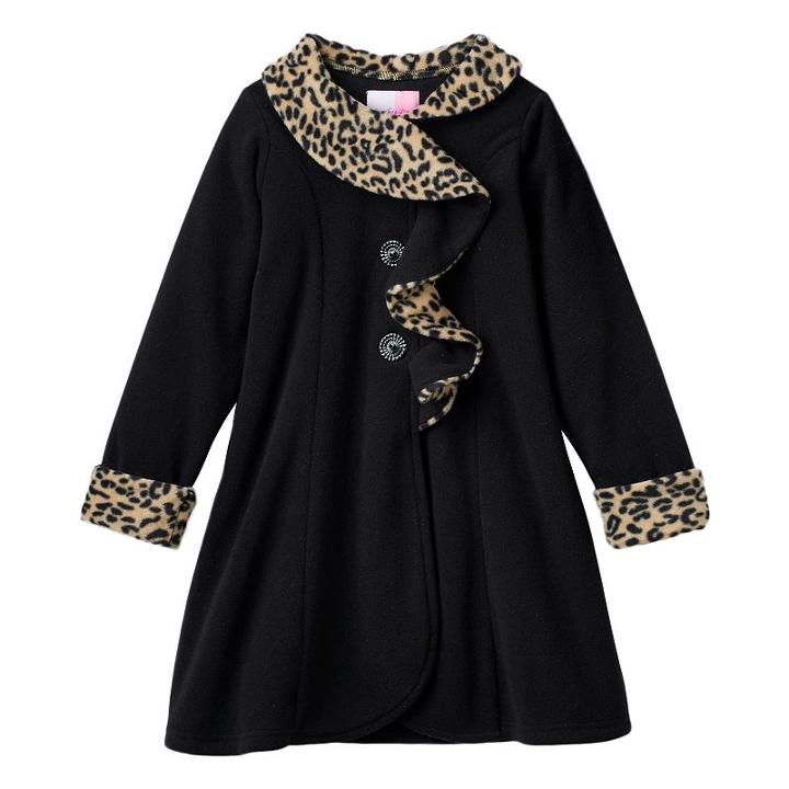 Girls 7-10 Sophie Rose Midweight Leopard Ruffle Trim Coat, Girl's, Size: 7, Black