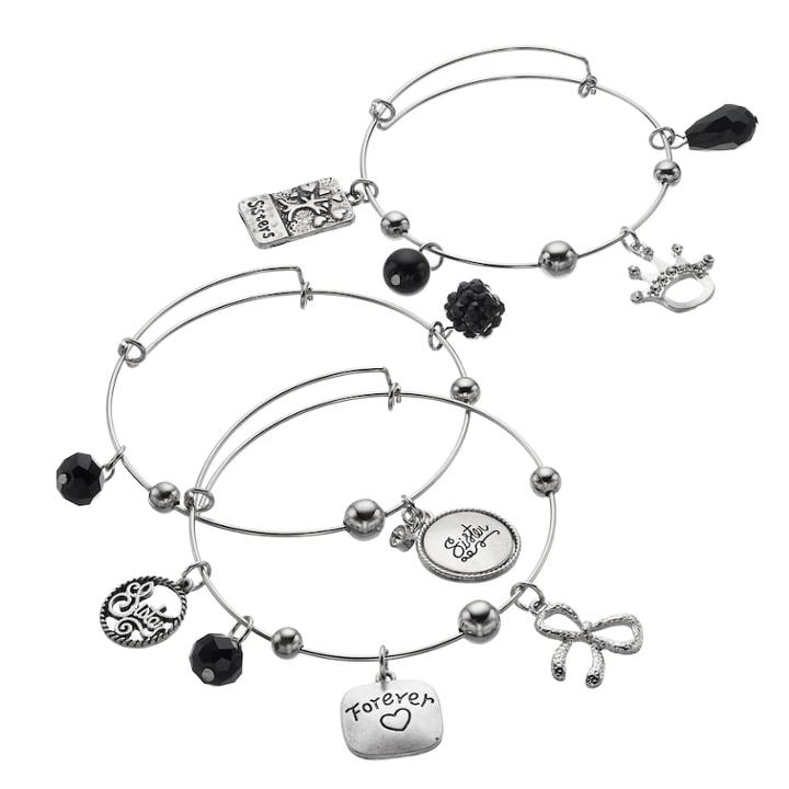 Sister Adjustable Bangle Bracelet Set, Women's, Black