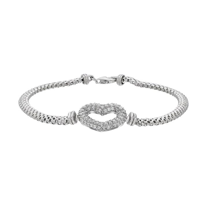 Sterling Silver Cubic Zirconia Heart Mesh Bracelet, Women's, Size: 7.5, White