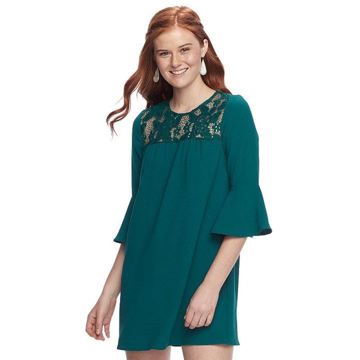 Juniors' Speechless Lace Bell Sleeve Shift Dress, Teens, Size: Large, Green Oth