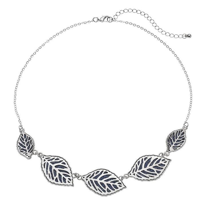 Blue Glittery Leaf Graduated Necklace, Women's, Navy