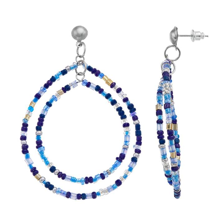 Beaded Double Hoop Nickel Free Earrings, Women's, Blue