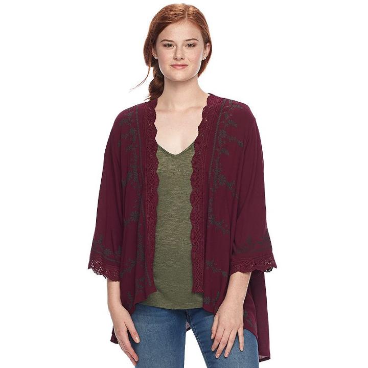 Juniors' Rewind Lace Trim Kimono, Teens, Size: Large, Med Red