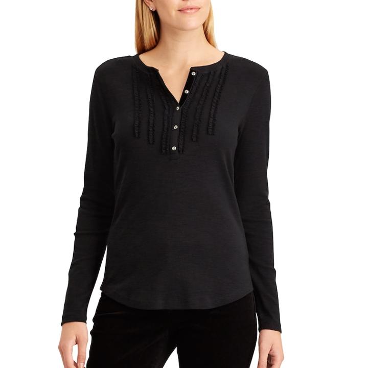 Women's Chaps Ruffle-trim Henley, Size: Small, Black