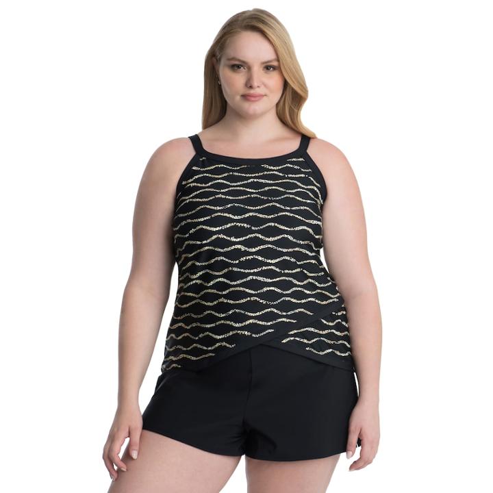 Plus Size Upstream Crossover High-neck Underwire Tankini Top, Women's, Size: 18 W, Black