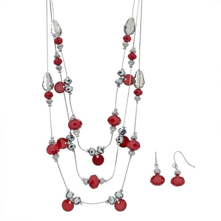 Faceted Bead Multi Strand Necklace And Earrings Set, Women's, Med Red
