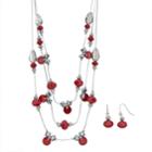 Faceted Bead Multi Strand Necklace And Earrings Set, Women's, Med Red