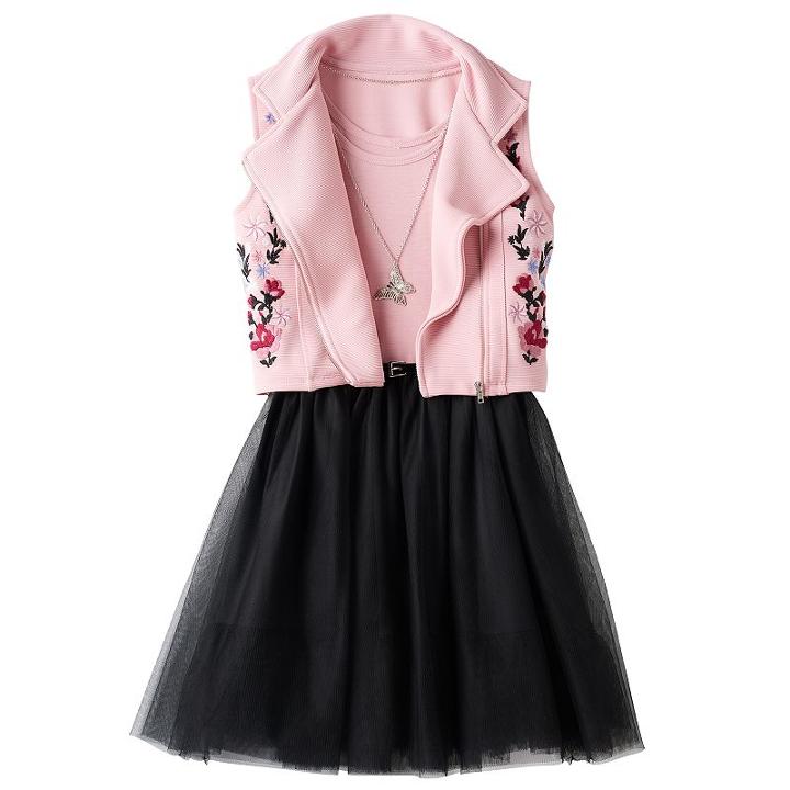Girls 7-16 Knitworks Tulle Dress With Necklace & Moto Vest Set, Girl's, Size: 12, Light Pink