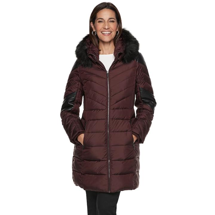 Women's Tower By London Fog Faux-leather Trim Puffer Jacket, Size: Xxl, Dark Red