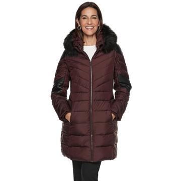 Women's Tower By London Fog Faux-leather Trim Puffer Jacket, Size: Xxl, Dark Red