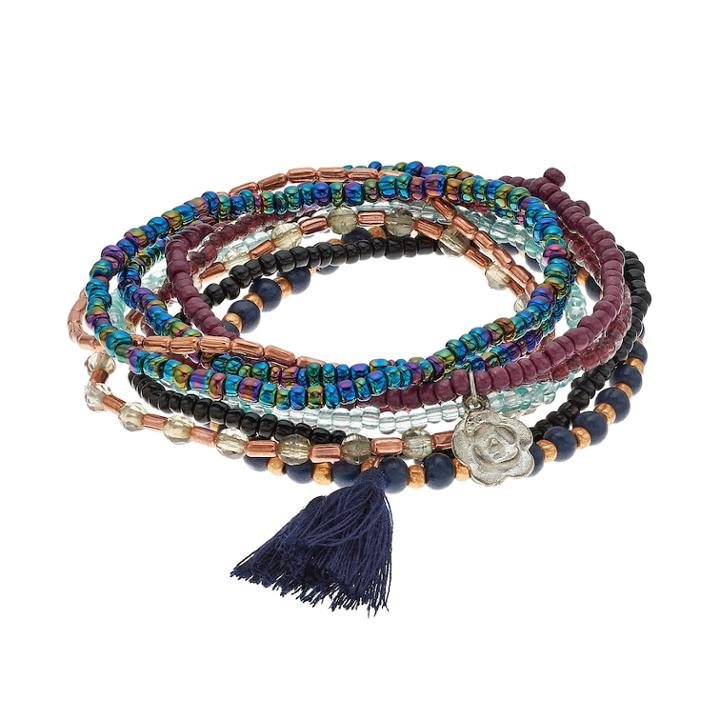Mudd&reg; Flower & Tassel Charm Beaded Stretch Bracelet Set, Women's, Multicolor