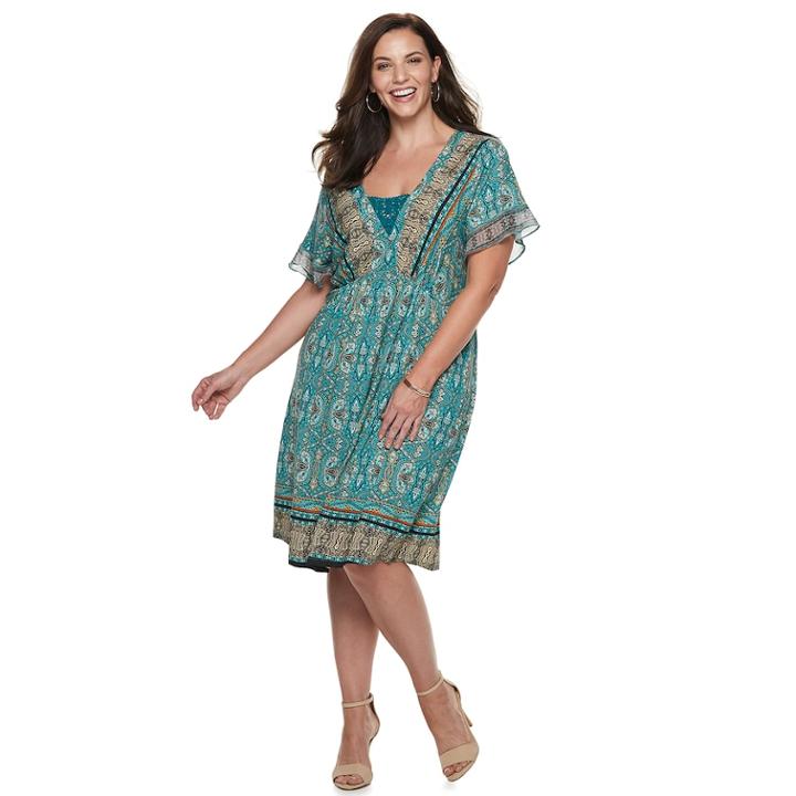 Plus Size World Unity Printed Flutter Sleeve Dress, Women's, Size: 3xl, Blue