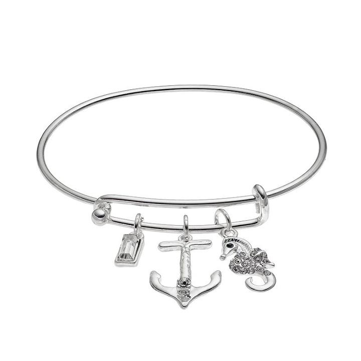 Seahorse & Anchor Charm Bangle Bracelet, Women's, Silver