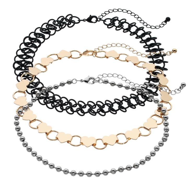 Tattoo, Ball Chain & Heart Link Choker Necklace Set, Women's, Multicolor