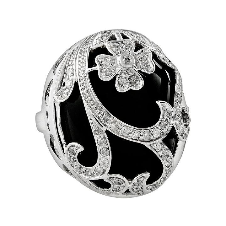 Sterling Silver 1/2-ct. T.w. Diamond And Onyx Floral Filigree Ring, Women's, Size: 7, Black