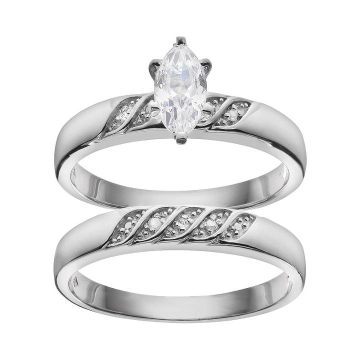 Cubic Zirconia & Diamond Accent Engagement Ring Set In Sterling Silver, Women's, Size: 5, White