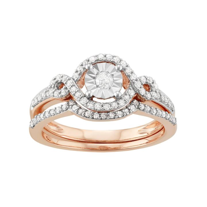 10k Rose Gold 3/8 Carat T.w. Diamond Halo Engagement Ring Set, Women's, Size: 7, White