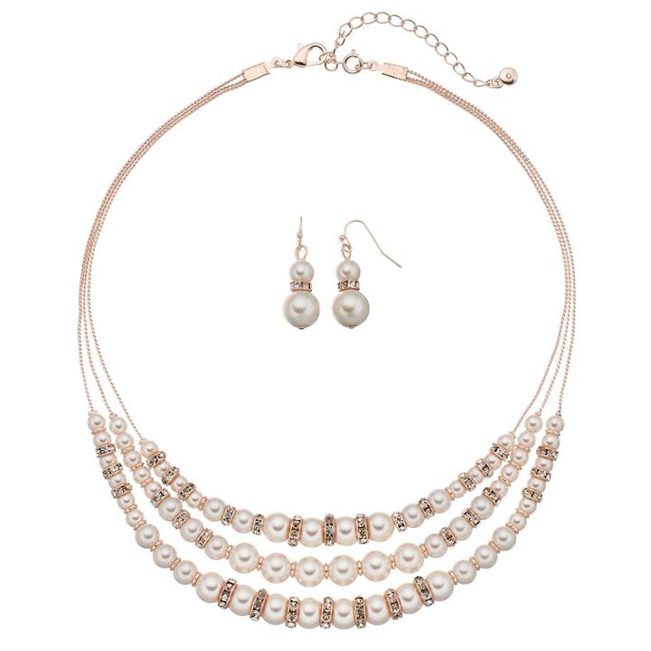 Rose Gold Tone Simulated Pearl Multi Strand Statement Necklace & Drop Earring Set, Women's, Pink