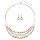 Rose Gold Tone Simulated Pearl Multi Strand Statement Necklace & Drop Earring Set, Women's, Pink