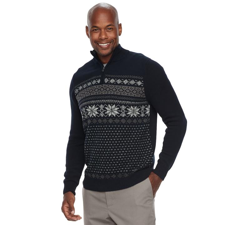 Men's Croft & Barrow&reg; Classic-fit Holiday Fairisle Quarter-zip Sweater, Size: Large, Blue (navy)