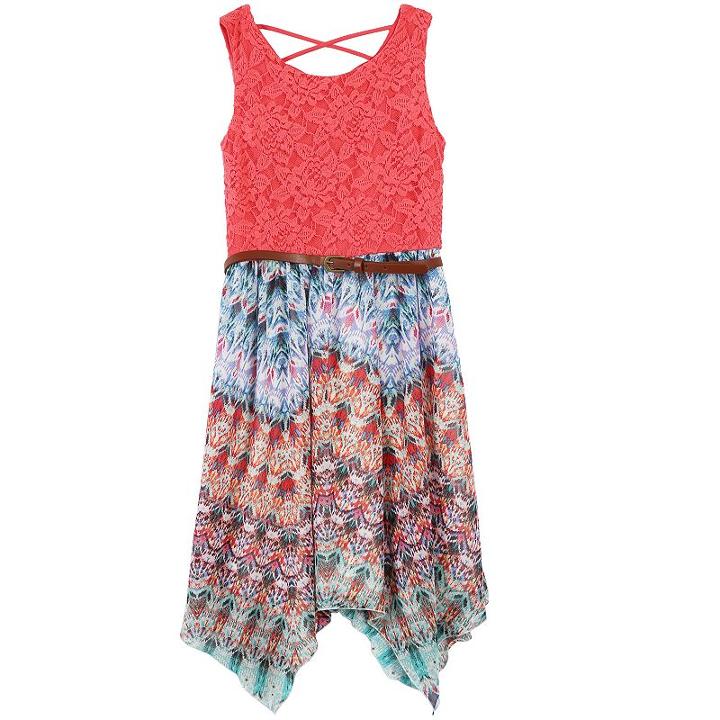 Girls 7-16 Speechless Lace & Chiffon Belted Handkerchief Hem Dress, Size: 7, Blue Other