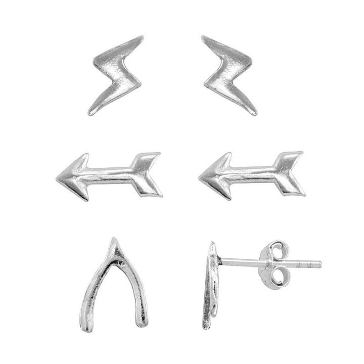 Itsy Bitsy Sterling Silver Lightning Bolt, Arrow & Wishbone Stud Earring Set, Women's