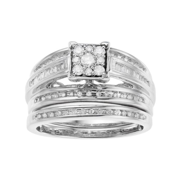 10k White Gold 1/2 Carat T.w. Diamond Cluster Engagement Ring Set, Women's, Size: 6