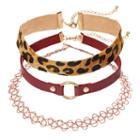 Leopard Faux Fur, Tattoo & Faux Leather Choker Necklace Set, Women's, Multicolor