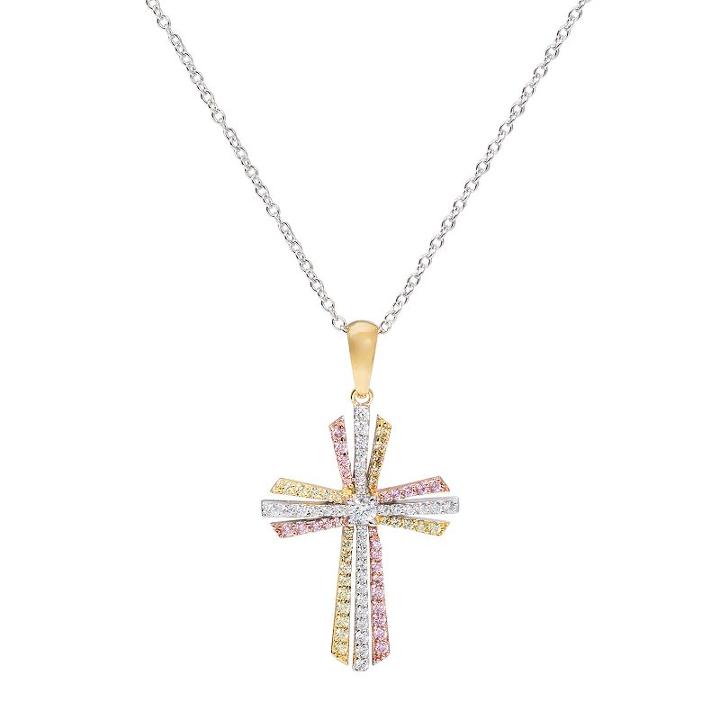 Tri Tone 18k Gold Over Silver Cubic Zirconia Cross Pendant Necklace, Women's, Size: 18, Multicolor