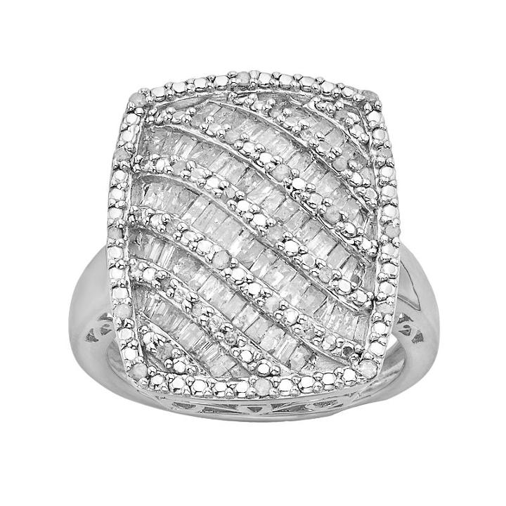 Sterling Silver 1-ct. T.w. Diamond Striped Rectangle Ring, Women's, Size: 7, White
