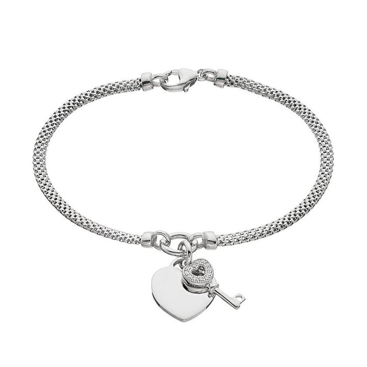 Sterling Silver Cubic Zirconia Key & Heart Charm Mesh Bracelet, Women's, Size: 7