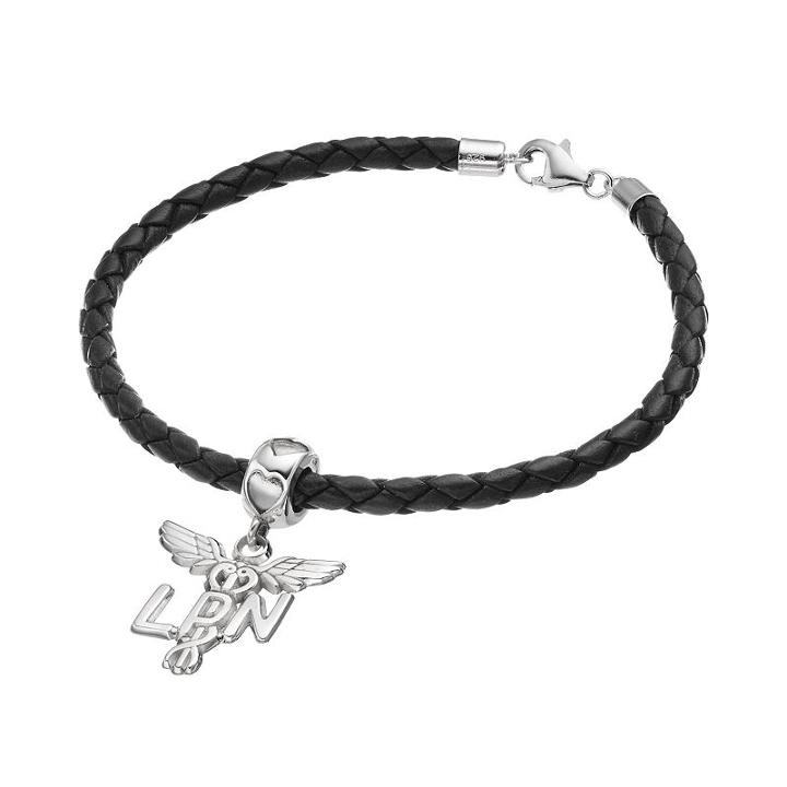 Logoart Sterling Silver & Leather Lpn Caduceus Nurse Charm Bracelet, Women's, Size: 7.5, Grey
