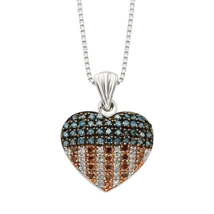 Sterling Silver 1/4-ct. T.w. Red, White And Blue Diamond American Flag Heart Pendant, Women's, Size: 18, Multicolor
